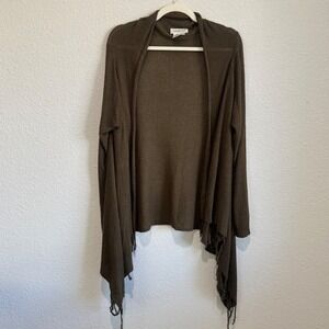 Coldwater Creek M Olive Brown Fringe Waterfall Open Front Cardigan Knit‎ Boho